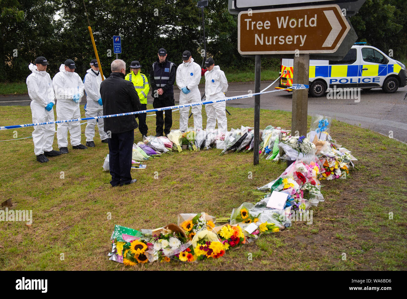 Les agents de police sont en silence la scène où Thames Valley Police officer Pc Andrew Harper, 28 ans, est décédé des suites d'un "incident grave" à environ 23 h 30 le jeudi à proximité de l'A4 Bath Road, entre lecture et Newbury, au village de Sulhamstead dans le Berkshire. Banque D'Images