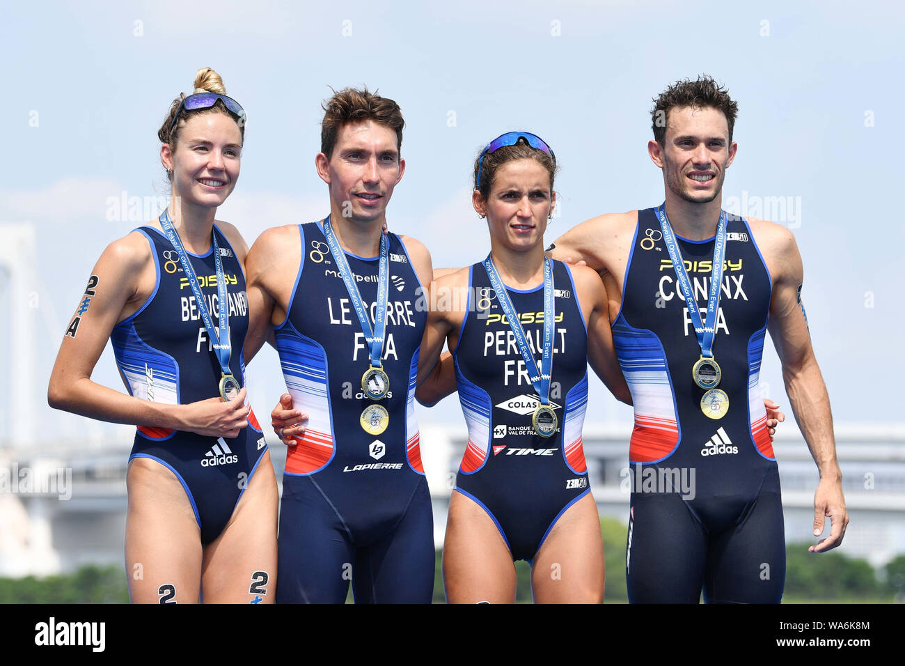 L'équipe de France, Groupe (L-R) Cassandre Beaugrand, Pierre Le Corre,  Leonie Periault, Dorian Coninx (FRA) 18 août 2019 - Triathlon ITU World 2019  : Qualigication olympique du relais par équipes mixtes de