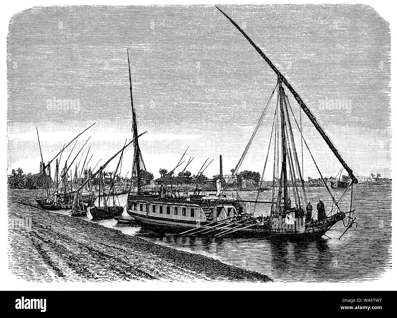 Dahabeah, bateau à passagers utilisés en Égypte le nil : à fond plat peu profond barge avec deux ou plusieurs voiles Banque D'Images