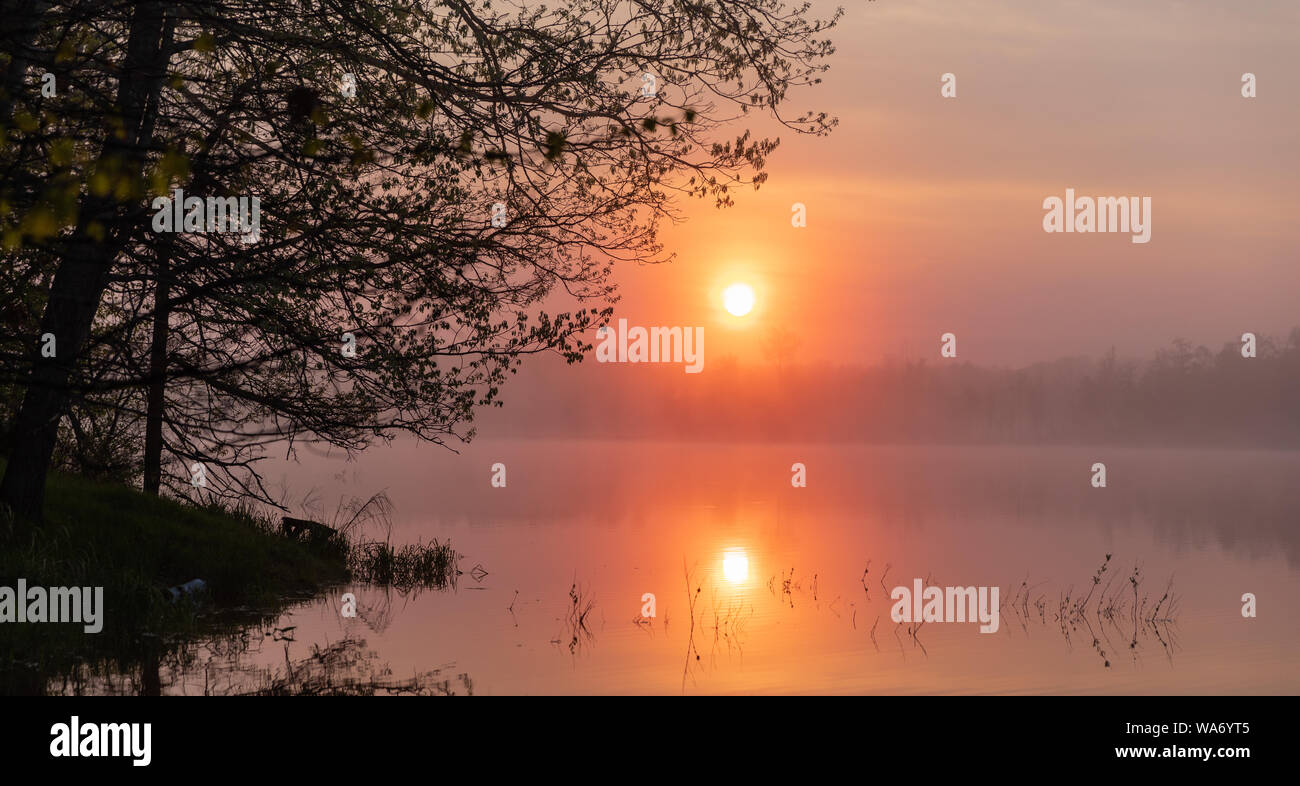 Lever de soleil sur un lac du nord du Wisconsin. Banque D'Images