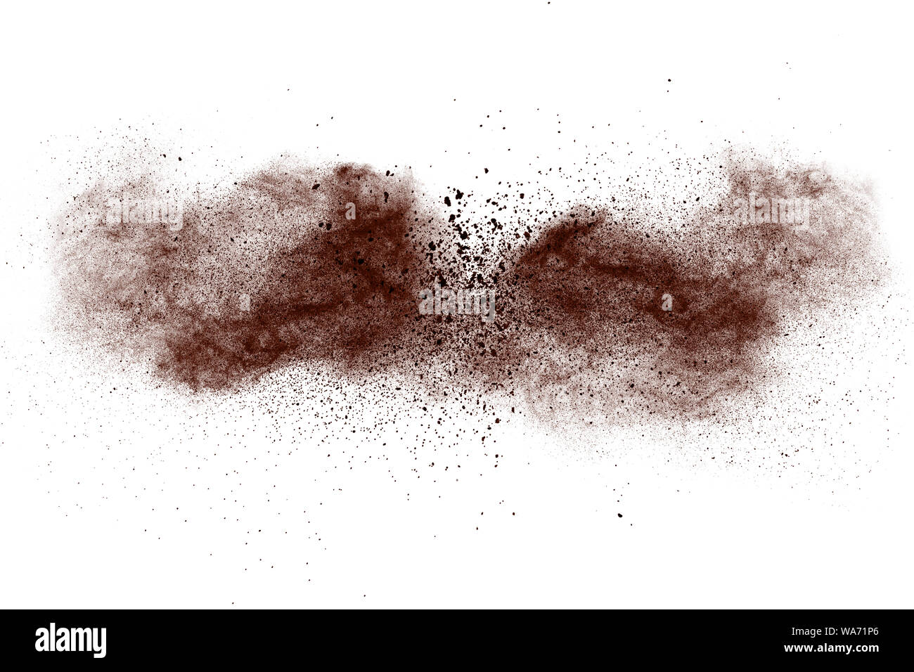 Nuage de poussière brune.Brown éclaboussé de particules sur fond blanc. Banque D'Images