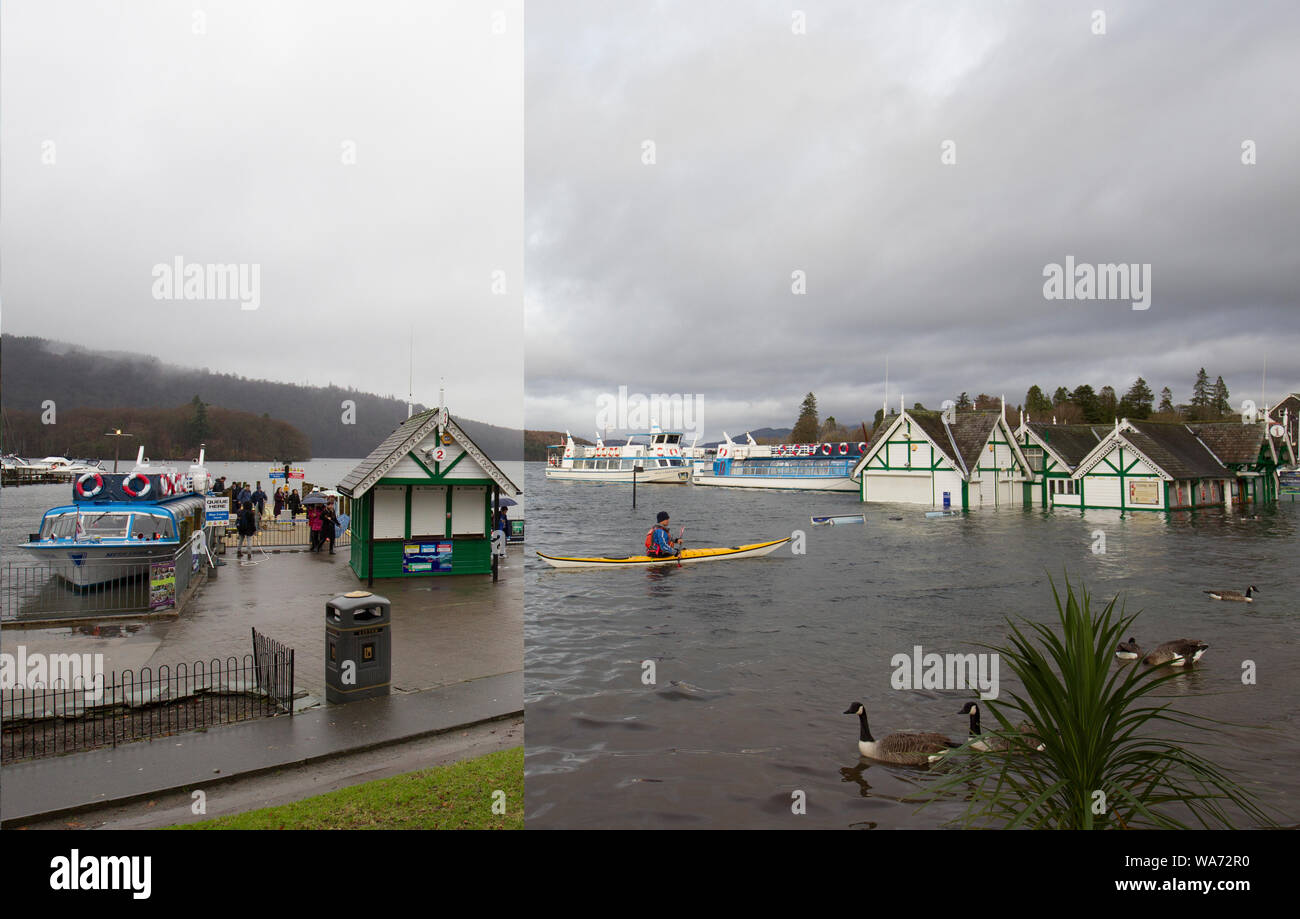 Storm Desmond .une série de photos prises au 18 décembre en correspondance avec des photos prises le 6 décembre 2015 comme on peut le voir entreprise était de nouveau opérationnel pour Windermere Lake Cruises.L'entreprise a un plan d'inondation spéciale qui a été mise en vigueur pour limiter les pertes et dommages à l'entreprise.Ce qui lui permet de revenir travailler aussi vite que possible. Banque D'Images
