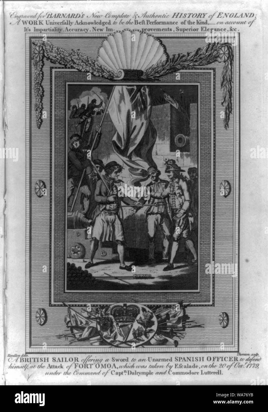 Un marin britannique offrant une épée à un officier espagnol non armés pour se défendre, à l'attaque de Fort Omoa, qui a été prise par escalade, sur les 20 de l'octr. 1779, sous le commandement de Captn. Dalrymmple et Commodore Lutterell / Hamilton delin. Sculptures ; Thornton. Banque D'Images