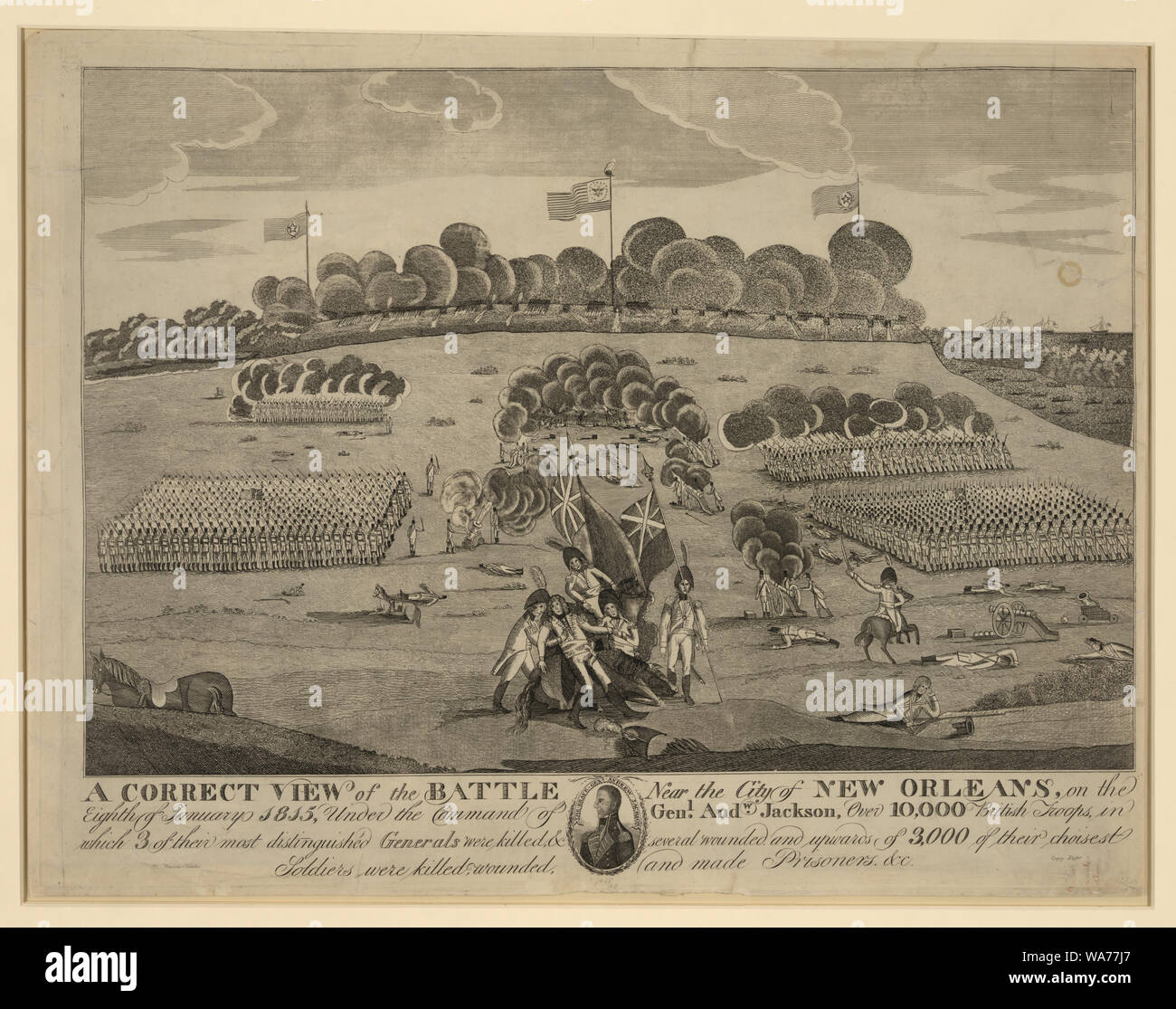 Une vue correcte de la bataille près de la ville de La Nouvelle Orléans, le 8 janvier 1815, sous le commandement du général. Andw. Jackson, plus de 10 000 soldats britanniques, dont 3 de leurs plus éminents généraux ont été tués, et plusieurs blessés et plus de 3 000 soldats de leur choisest ont été tués, blessés, et fait prisonniers, &c. / François Scacki. Banque D'Images