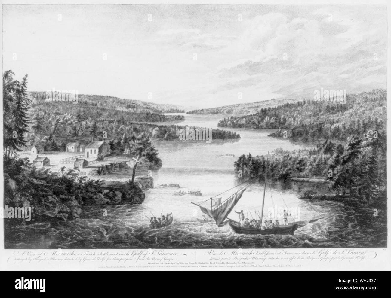 Vue de Miramichi, un établissement français dans le golfe du Saint-Laurent, détruit par le Brigadier Murray détaché par le général Wolfe à cette fin, de la baie de Gaspé Vue de Miramichi establissement François dans le Golfe de St Laurent, le Brigadier Murray to Swedish, détaché d'une heure de l'effet de la baye de Gaspé, par le général Wolfe / / pris sur place par le capitaine Hervey Smyth ; etch'd par Paul Sandby ; retouchées par P. Benazech. Banque D'Images