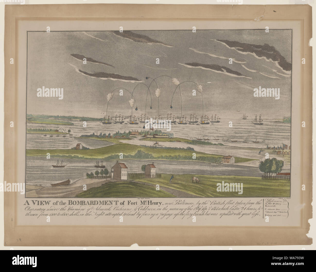 Une vue sur le bombardement de Fort McHenry, près de Baltimore, par la flotte britannique, prises à partir de l'observatoire sous le commandement de l'amiral Cochrane & Cockburn le matin du 13 sep. 1814 qui a duré 24 heures, et jeté de 1500 à 1800 dans la nuit des coquilles a tenté de se poser en forçant un passage jusqu'au ferry direction générale, mais furent repoussés avec grande perte / J. Bower, sc. Phila. Banque D'Images