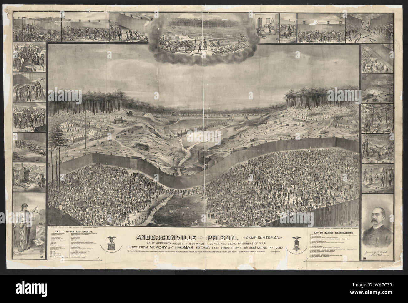 La prison d'Andersonville, Camp Sumter, Ga., tel qu'il était le 1er août 1864 lorsqu'il contenait 35 000 prisonniers de guerre / pris à partir de la mémoire de Thomas O'Dea, fin secteur Co. E. 16e Regt. Maine Infi. Vols ; sur pierre par T. J. S. Landis. Banque D'Images