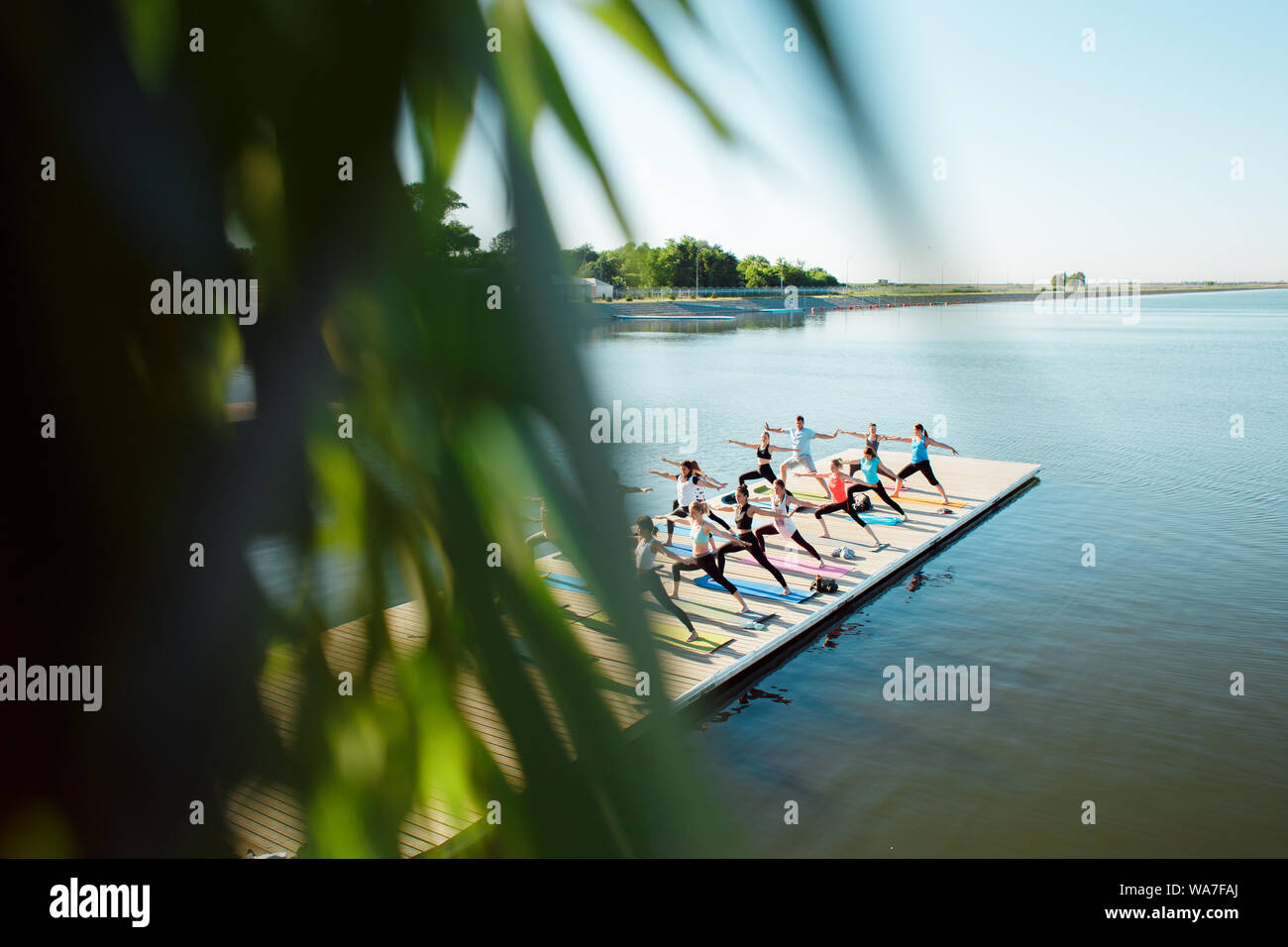 Un grand groupe de personnes qui assistent à des cours de yoga sur un ponton près du lac. Activités de plein air d'été Banque D'Images