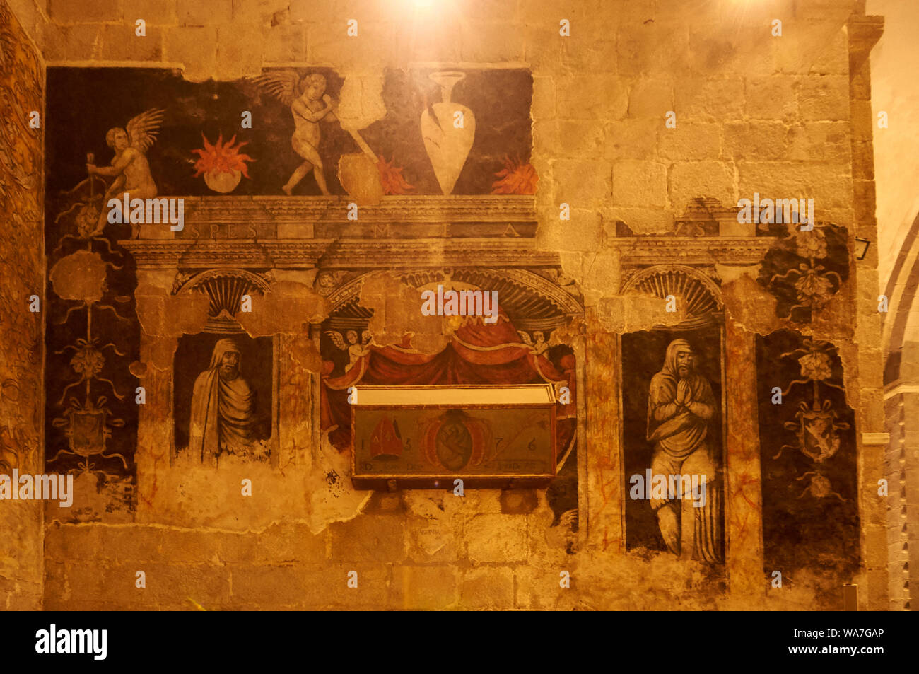 Peintures murales de la Renaissance dans la région de Joan Despés évêque tombe à Santa Maria d'Urgell (la cathédrale de La Seu d'Urgell, Alto Urgel, Lleida, Catalogne, Espagne, Pyrénées) Banque D'Images