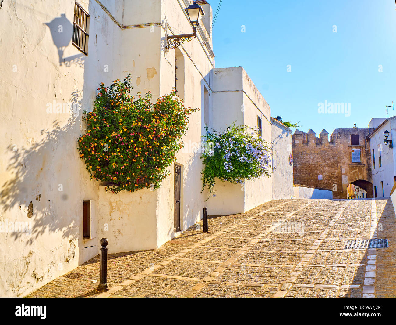 Rue typique de murs blanchis à la chaux de Vejer de la Frontera en ville avec La Segur Gate dans l'arrière-plan. Vejer de la Frontera, province de Cadiz, Espagne Banque D'Images