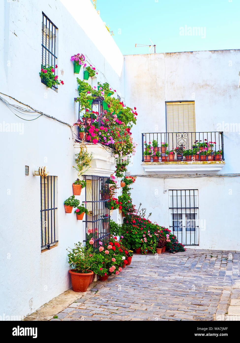 Une rue typique de murs blanchis à la chaux de Vejer de la Frontera centre-ville. La province de Cádiz, Andalousie, espagne. Banque D'Images