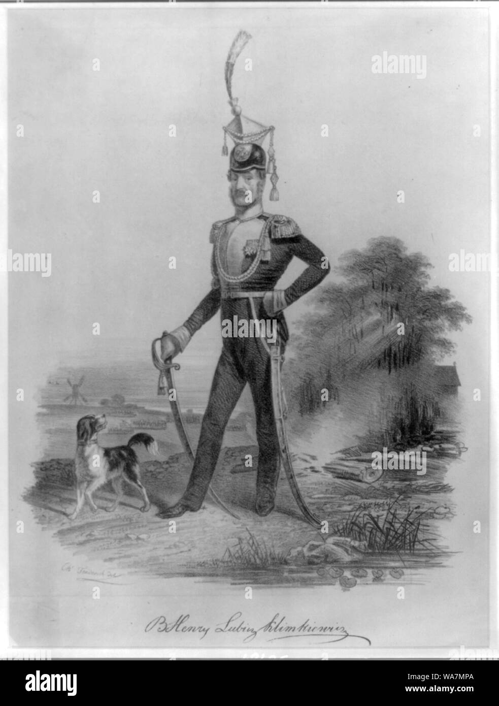 Henry B. Lubicz Klimkiewicz Résumé : Imprimer montre le Colonel B. Henry Lubicz Klimkiewicz, portrait en pied, debout, en face légèrement à gauche, portant des uniformes militaires et tenant un sabre, avec un chien à ses pieds. Banque D'Images