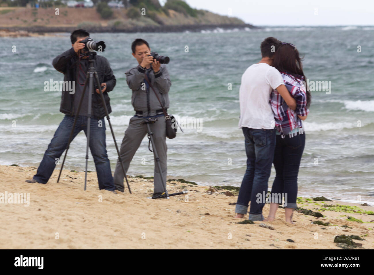 Melbourne, Australie. Les photographes professionnels sur la plage de Brighton en photographiant jeune couple, femme et homme. Banque D'Images