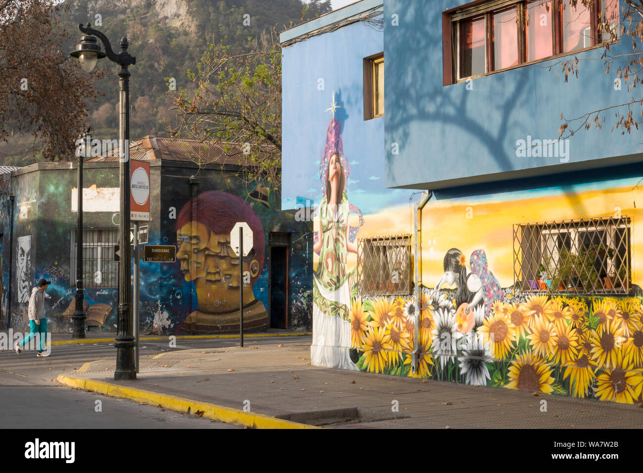 Scène de rue avec plusieurs peintures murales à Bellavista, Santiago, Chili Banque D'Images