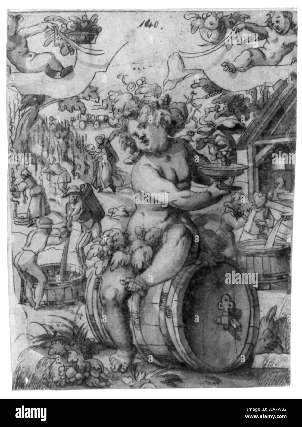 Figure Bacchus assis sur un tonneau de vin avec des gens à l'arrière-plan peut-être écraser les raisins pour le vin ; peut-être fait qu'une étude pour vitrail Banque D'Images