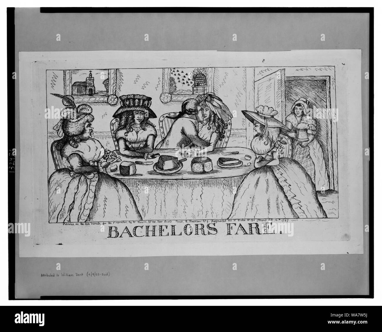 Tarif célibataires Résumé : Imprimer montre un homme, assis à une table, et d'embrasser une femme, autour de la table sont assis trois femmes, un quatrième, transportant une chope de bière, entre par une porte sur la droite, sur la table du pain et du fromage, une référence visuelle à une citation de Jonathan Swift, célibataires ; du pain et du fromage, et des baisers. Deux illustrations sont sur le mur en arrière-plan, l'un d'une église, et l'autre d'un essaim d'abeilles autour d'une ruche. Banque D'Images