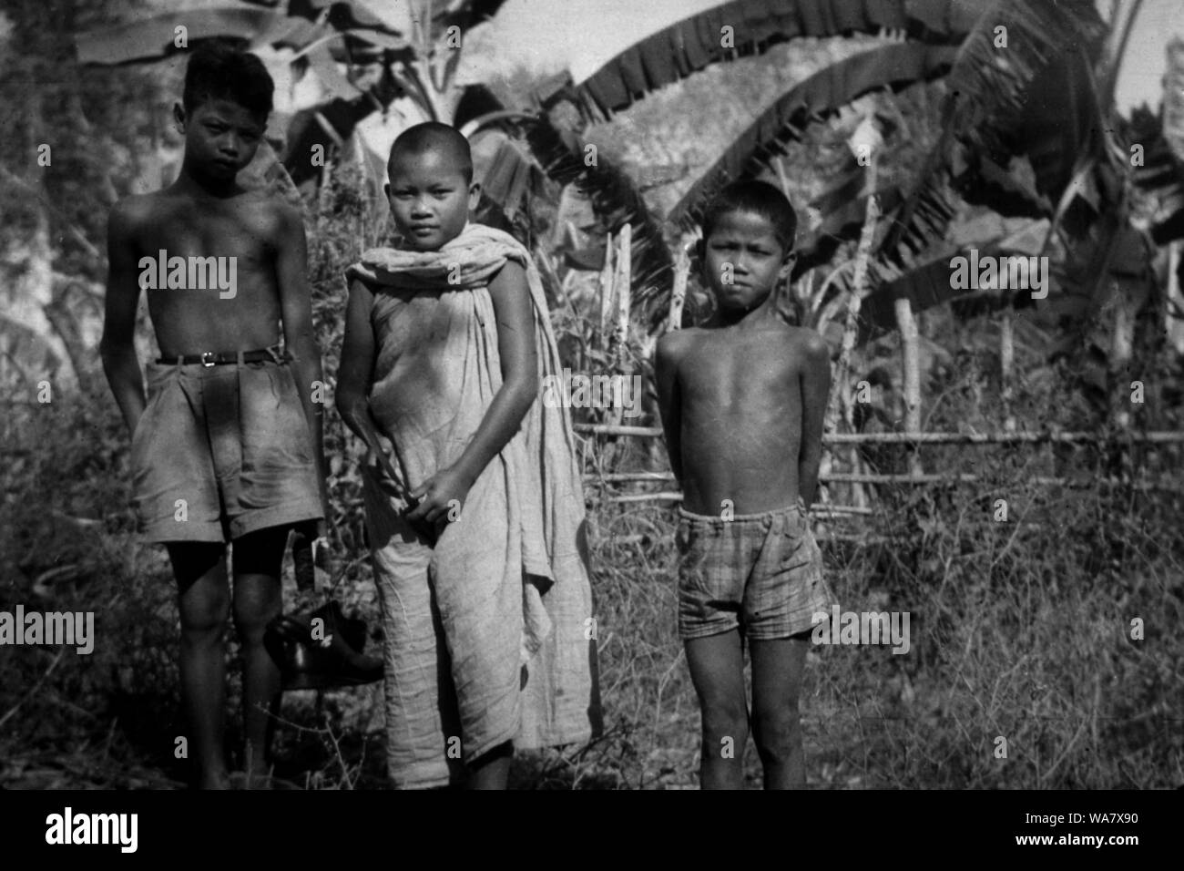 AJAXNETPHOTO. 1953-1957 (environ). INDO CHINE. Le VIETNAM. (Dans le pays EMPLACEMENT INCONNU.) - Trois jeunes garçons, l'un (au centre) avec le crâne rasé PORTANT Robe bouddhiste, DANS UN PAYSAGE DE PLANTATION. photo:JEAN CORRE/AJAXREF:RX7  240 191508 Banque D'Images