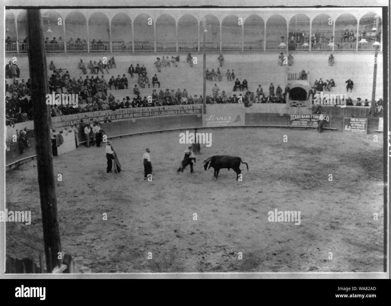Corrida, Mexique : matador et bull en arena ; tête de taureau est à gauche. Banque D'Images