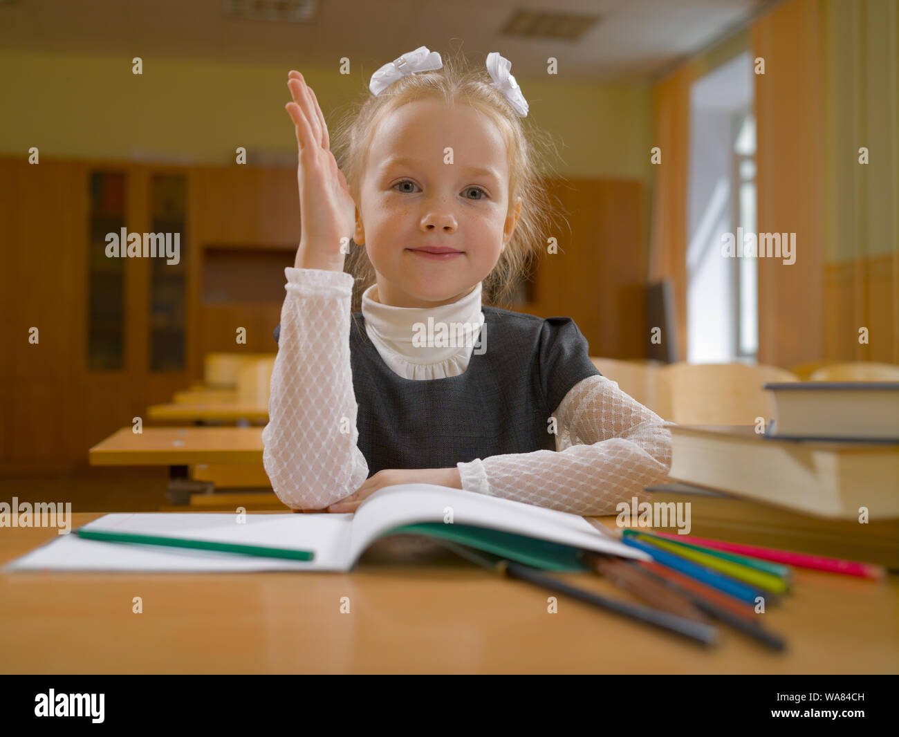 Petite fille à l'école catégorie à la leçon à son bureau avec un ordinateur portable, crayons et livres Banque D'Images