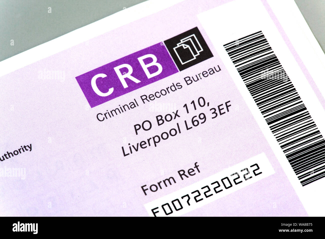 CRB forme Criminal Records Bureau Banque D'Images