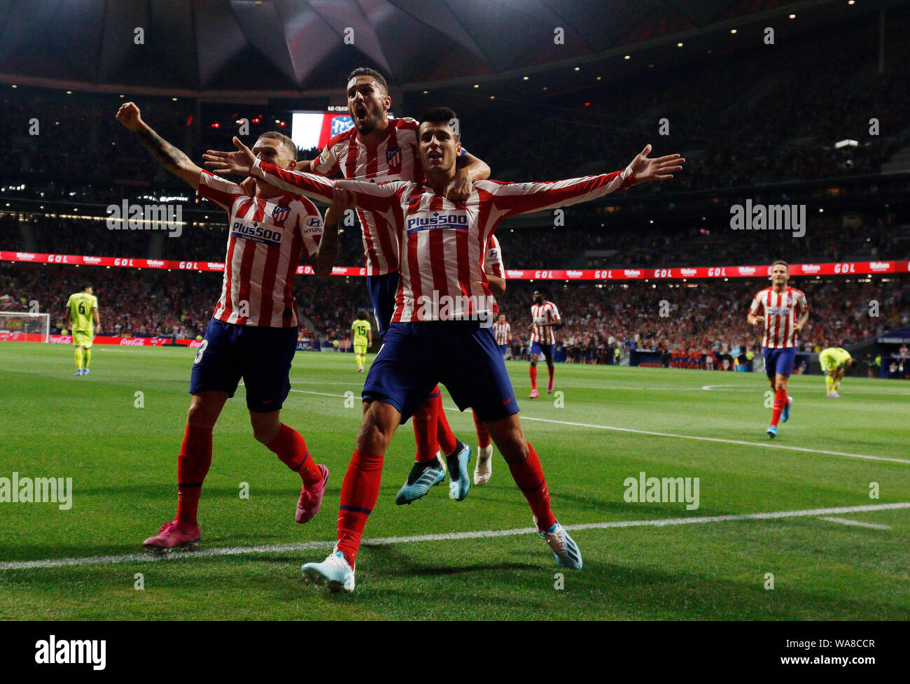 L'Atletico de Madrid Alvaro Morata célèbre après avoir marqué un but au cours de l'espagnol La Liga match entre l'Atletico de Madrid et Getafe CF au stade Metropolitano de Wanda. Banque D'Images