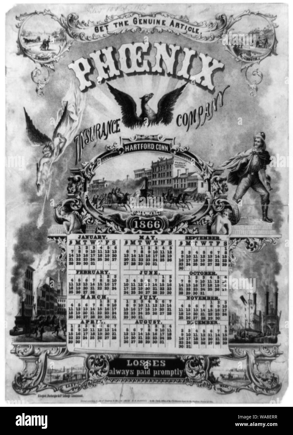 Calendrier pour 1866 - Publicité pour Phoenix Insurance Company, Hartford, Conn., illustrée avec des pompes à incendie, bâtiment en feu et vapeur sur le feu Banque D'Images