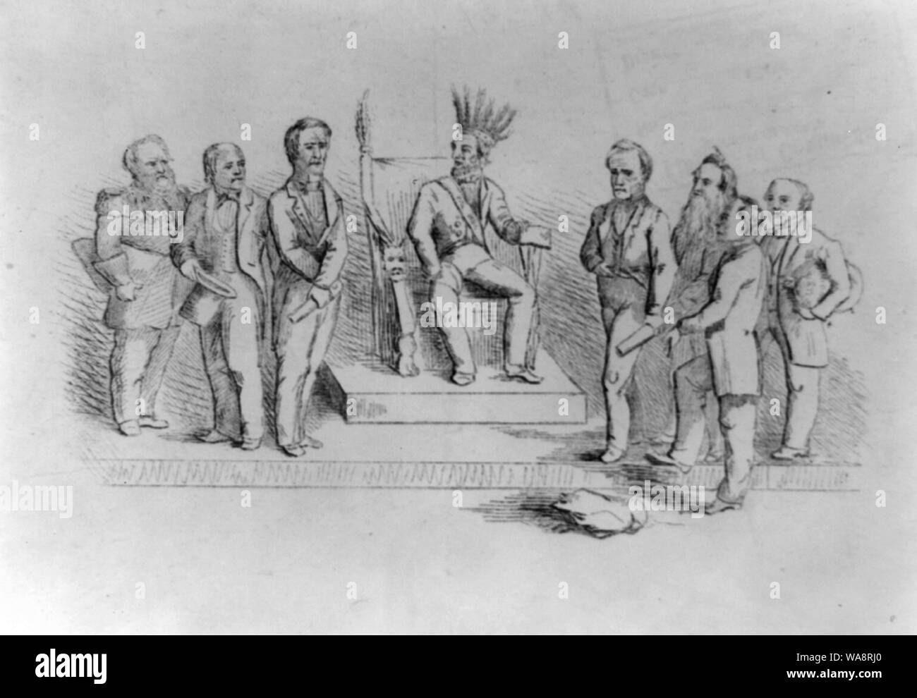 Caricature d'Abraham Lincoln portant une coiffe Amérindienne, assis sur le trône, avec sept officiers du cabinet Banque D'Images