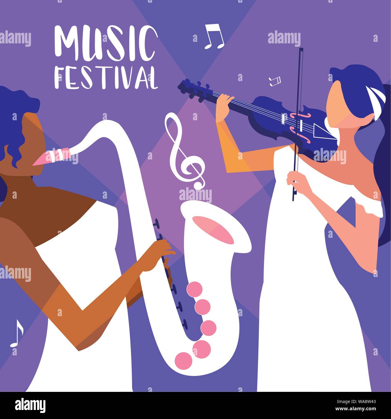 Festival de musique ancienne avec des femmes jouant du violon et saxophone vector illustration design Illustration de Vecteur