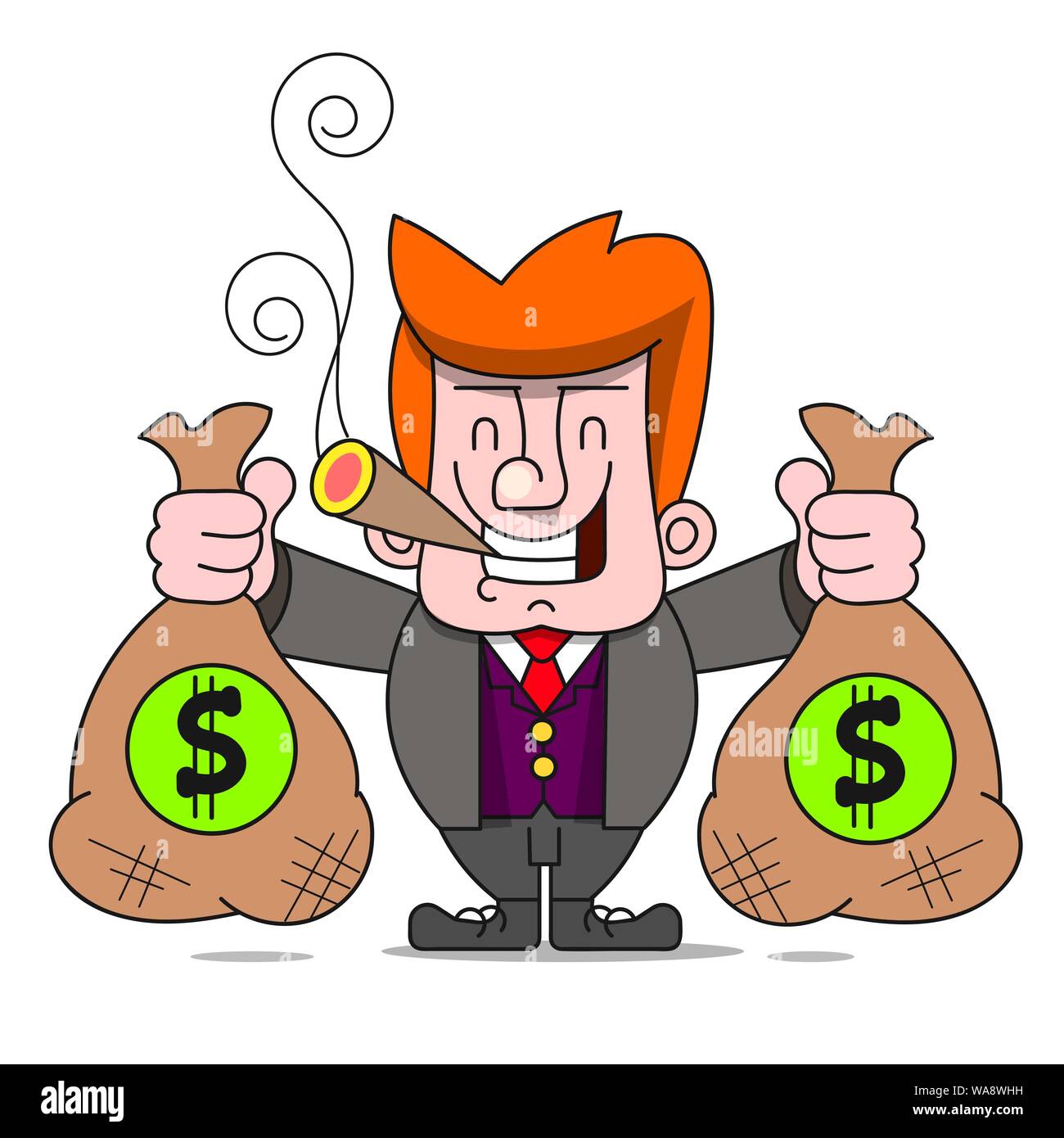 Heureux homme riche avec des sacs d'argent. Un homme d'affaires milliardaire ou le banquier de sourire. Le succès dans les affaires. Télévision Vector Illustration Illustration de Vecteur