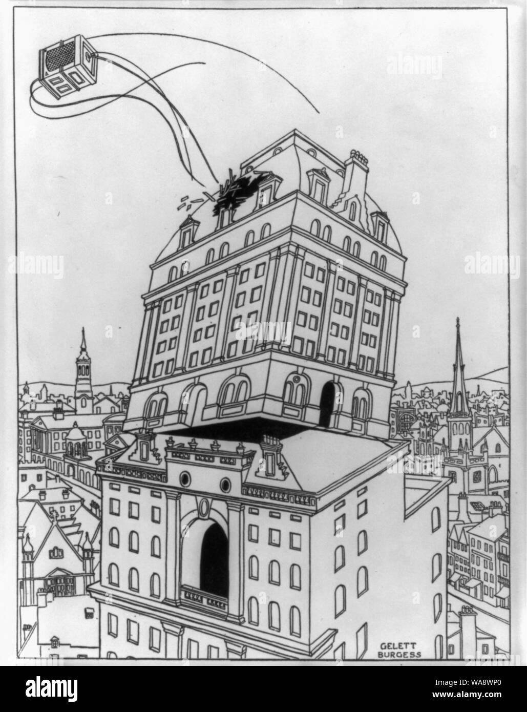 Caricature montrant l'éclatement d'ascenseur haut de grand bldg. Banque D'Images