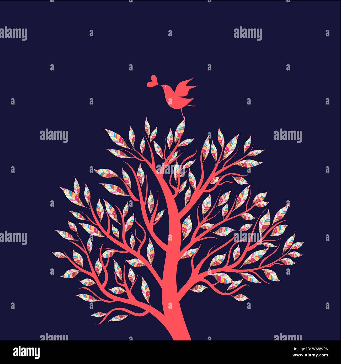 Bel arbre magnifique avec un oiseau dans l'amour avec un arrière-plan foncé. Illustration de Vecteur