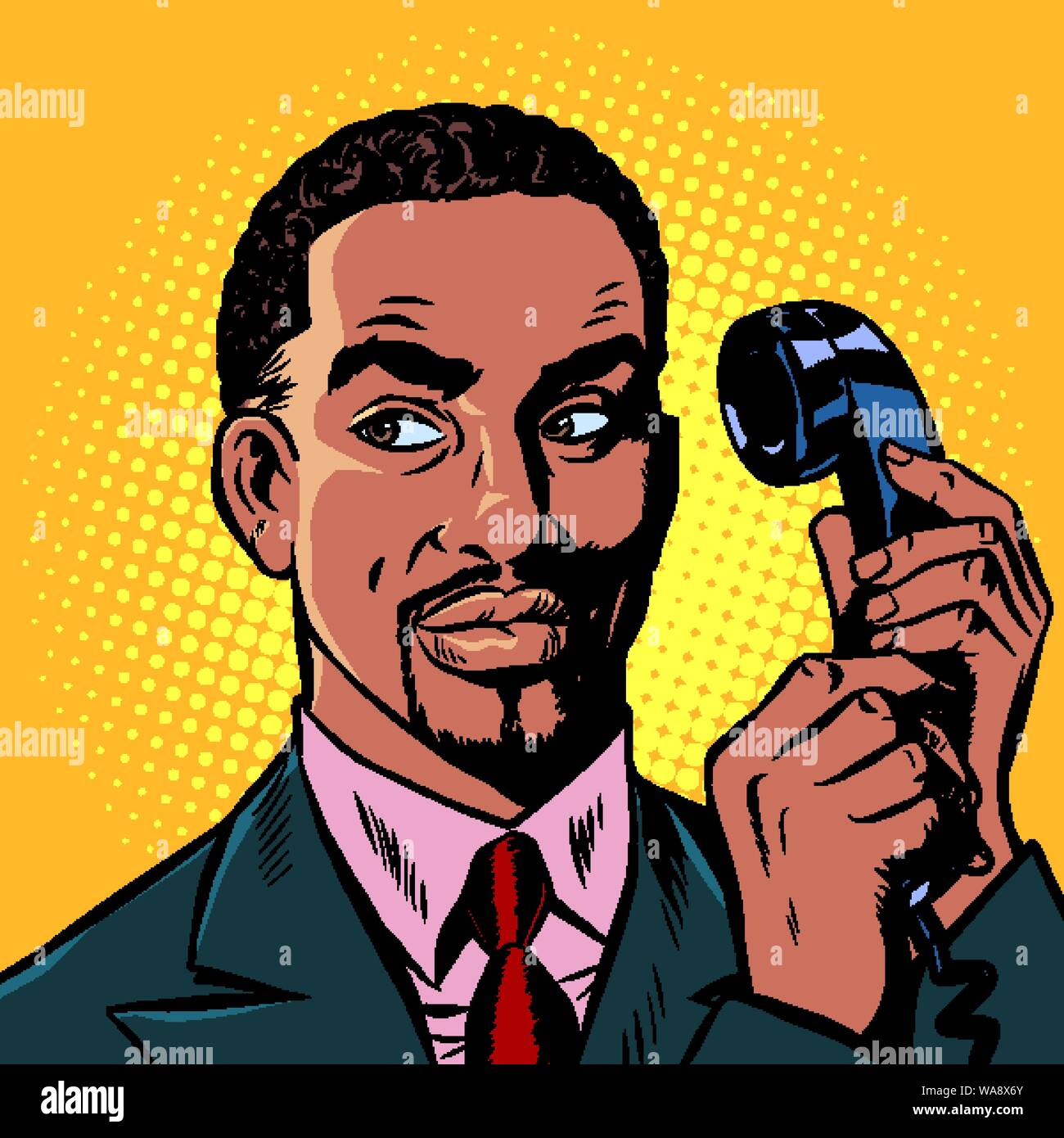 African man talking on a retro phone. Retro pop art dessin illustration vectorielle Illustration de Vecteur