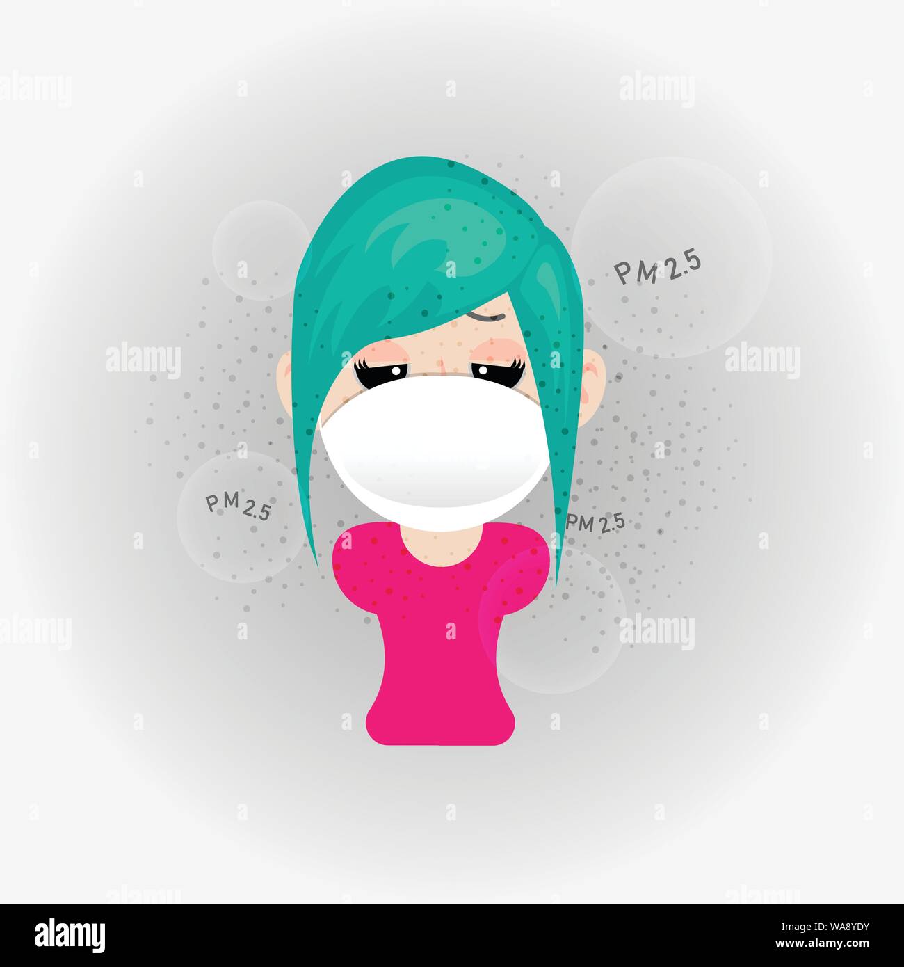 Cartoon femme est le port du masque N95 pour protéger la pollution de l'air extérieur. PM 2,5 mètre dans la poussière. Illustration de Vecteur