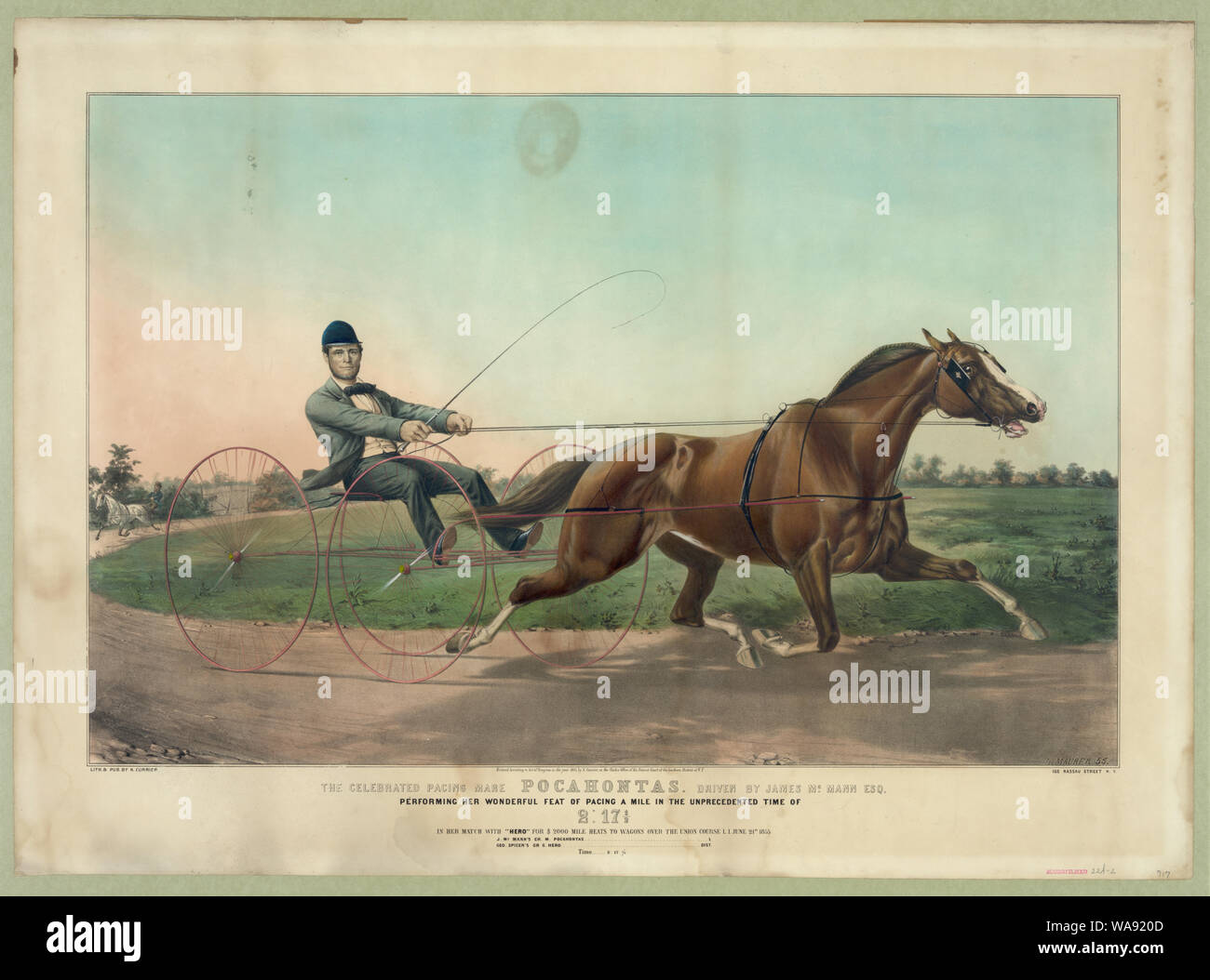 Stimulation célébré mare Pocahontas, conduit par James esq McMann : Restauration son merveilleux exploit de la stimulation d'un mile dans le temps sans précédent de 2:171/2 dans son match avec Hero pour $2000 mile chauffe aux wagons sur le cours de l'union, L.I. 21 juin 1855 Banque D'Images Stimulation célébré mare Pocahontas, conduit par James esq McMann : Restauration son merveilleux exploit de la stimulation d'un mile dans le temps sans précédent de 2:171/2 dans son match avec Hero pour $2000 mile chauffe aux wagons sur le cours de l'union, L.I. 21 juin 1855 Banque D'Images
