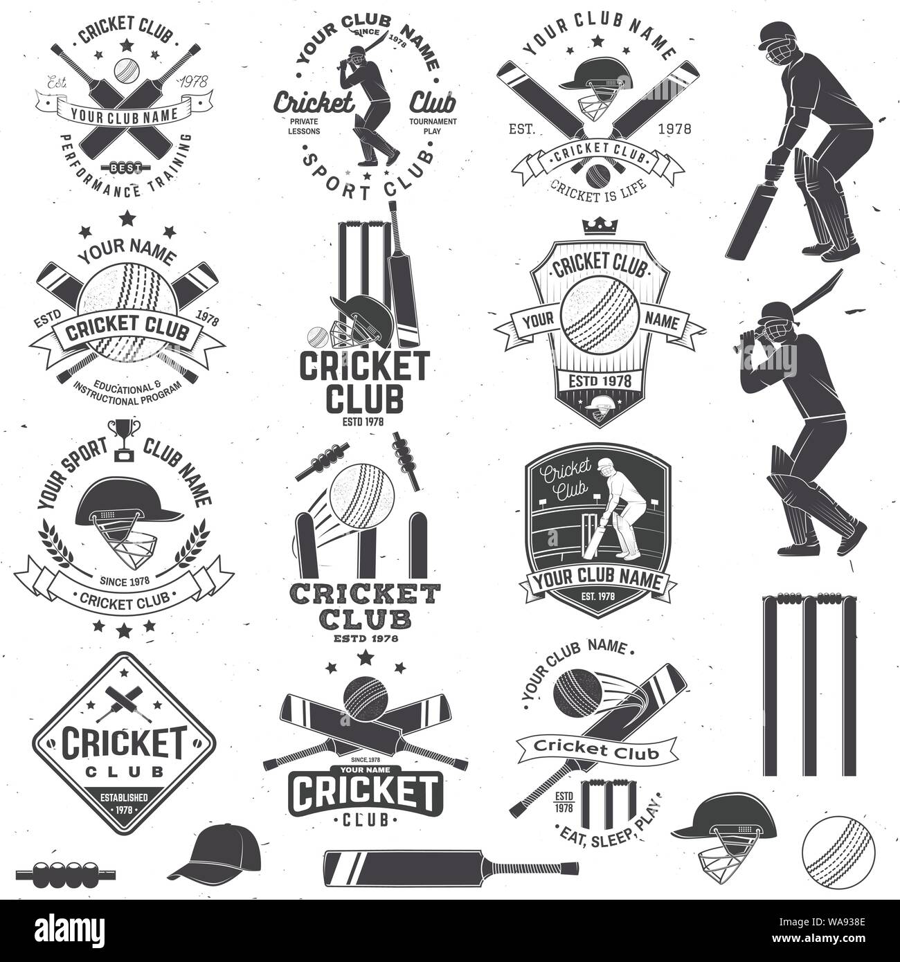 Jeu de cricket club badges avec élément de conception. Vector illustration. Concept pour chemise, imprimer, stamp ou tee. Les modèles pour le cricket club de sport. Illustration de Vecteur