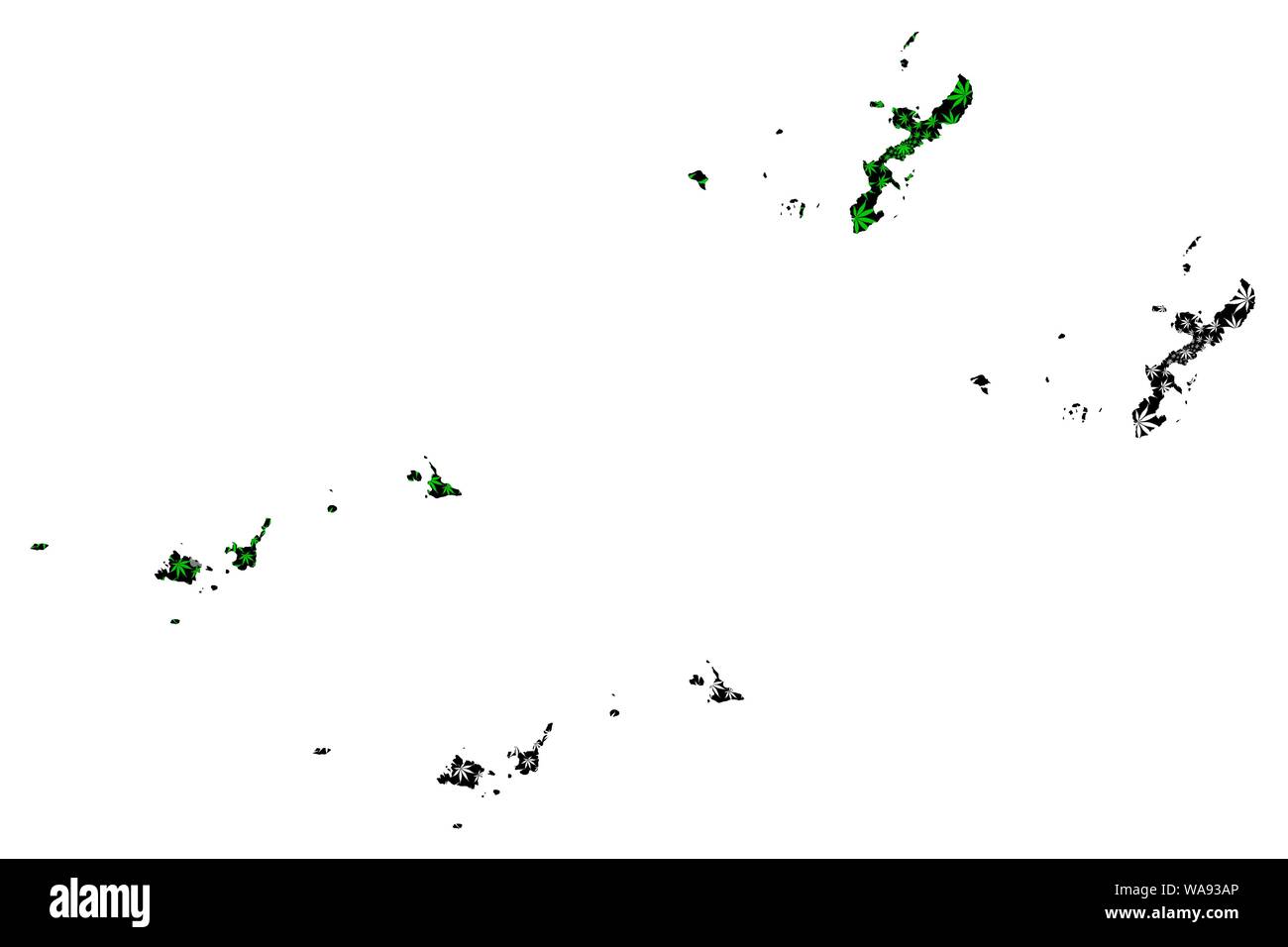 La Préfecture d'Okinawa (divisions administratives du Japon, préfectures du Japon) La carte est conçue de feuilles de cannabis vert et noir, l'Okinawa carte de mariju Illustration de Vecteur