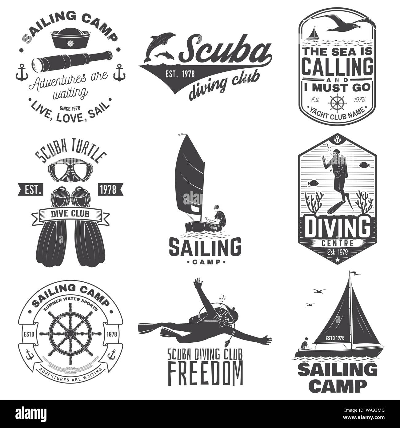 Camp de voile de yacht club, club de plongée et de badges. Vecteur. Concept pour chemise, imprimer, stamp ou tee. Vintage typographie conception avec l'équipement de plongée et bateau à voile silhouette. Eau extrême sport. Illustration de Vecteur