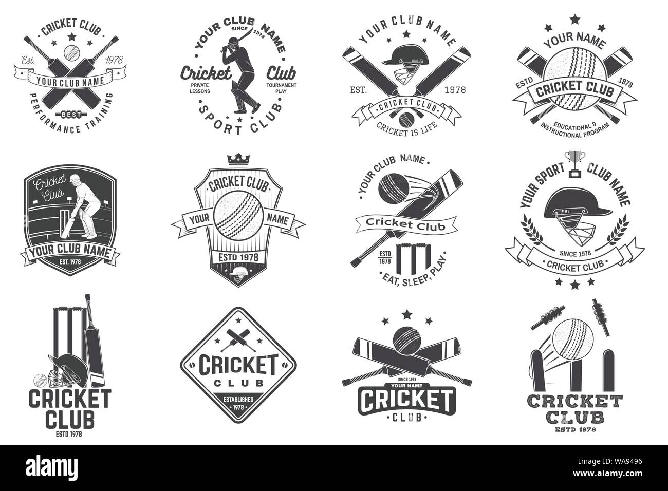 Jeu de cricket club de badges. Vector illustration. Concept pour chemise, imprimer, stamp ou tee. Les modèles pour le cricket club de sport. Illustration de Vecteur