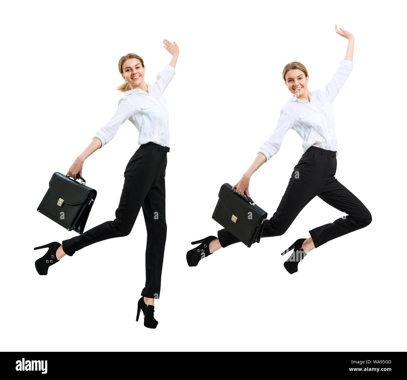 Collage de young business woman en saut d'usure formelle avec porte-documents. Isolé sur fond blanc. Banque D'Images