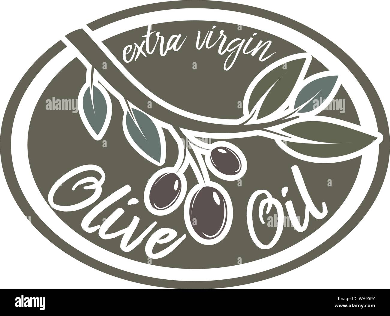 L'huile d'olive ovale logo ou d'un insigne avec branche d'olivier et l'huile d'olive extra vierge texte vector illustration Illustration de Vecteur