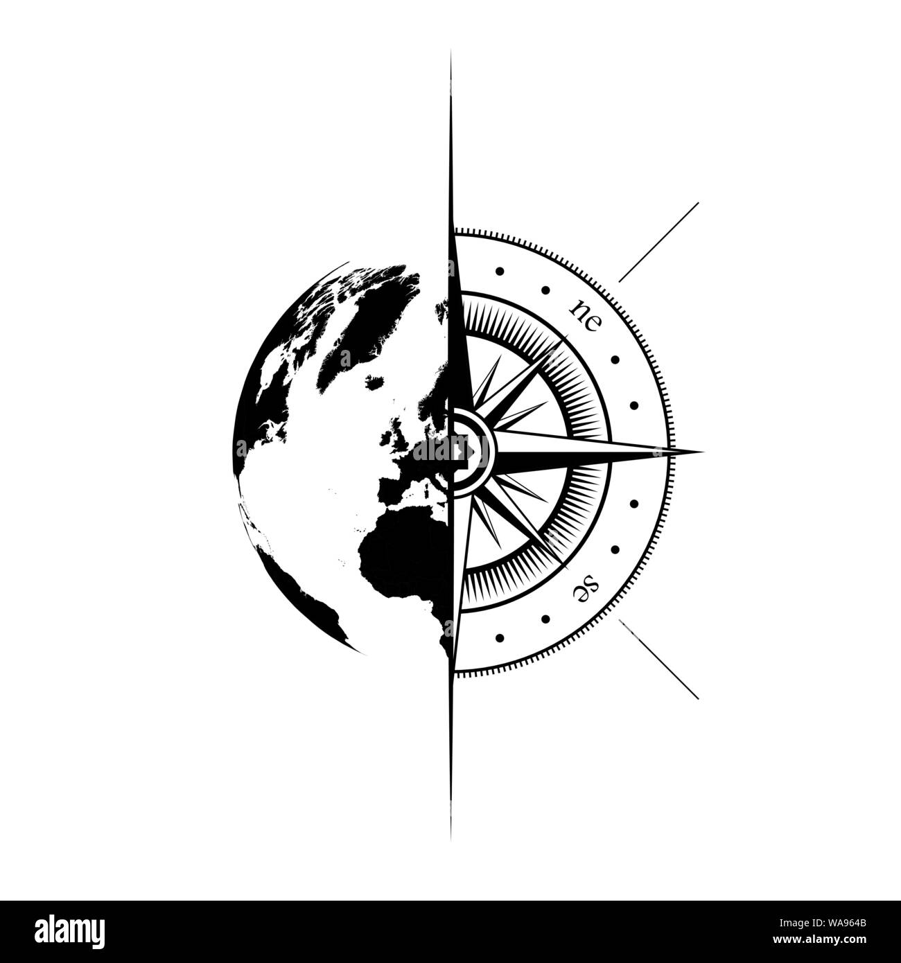 Carte du monde et la moitié noire silhouette windrose isolé sur fond blanc Illustration de Vecteur