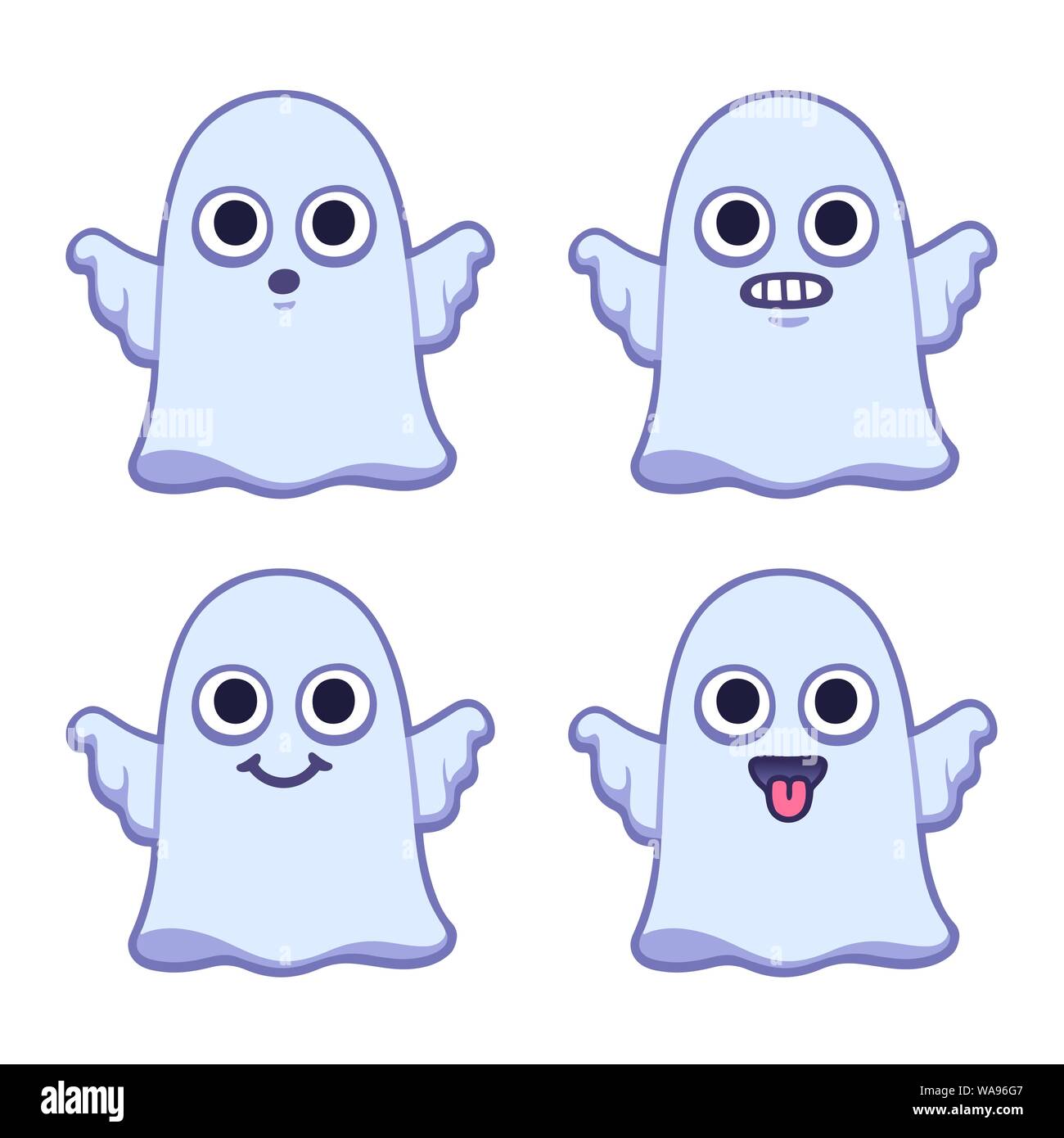 Funny cartoon dessin fantôme ensemble avec différentes expressions. Halloween Cute vector illustration. Illustration de Vecteur