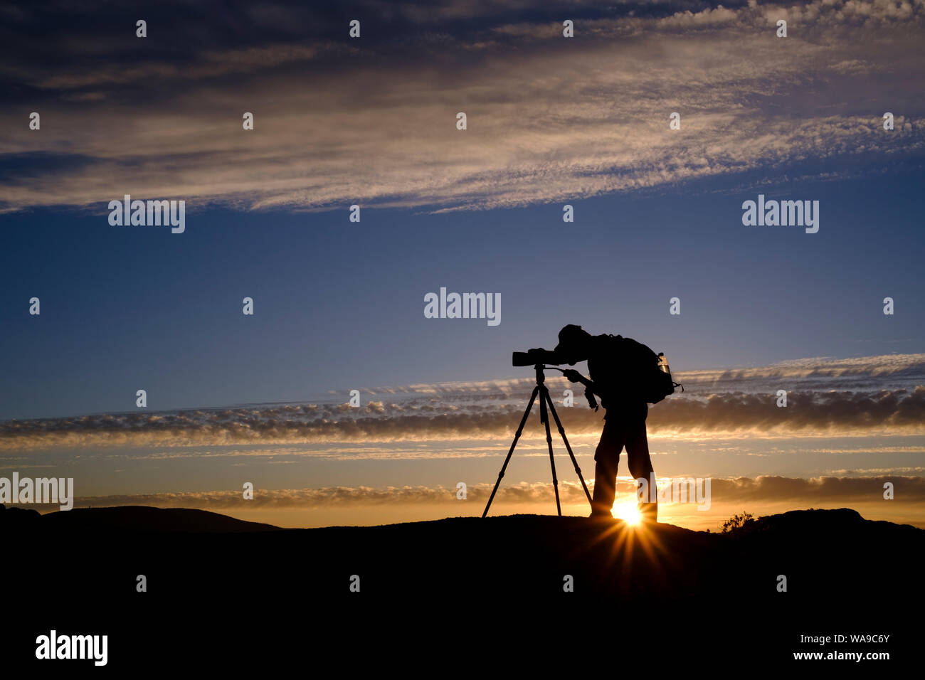 Observateur en silhouette au coucher du soleil. Province de Cáceres. L'Estrémadure. L'Espagne. Banque D'Images