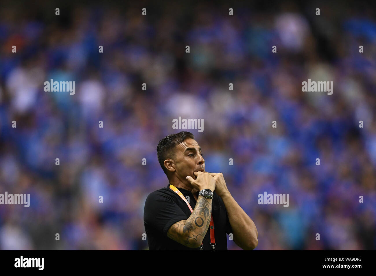 L'entraîneur-chef Fabio Cannavaro de Guangzhou Evergrande Taobao célèbre pendant qu'il observe ses joueurs contre Shanghai Shenhua notation du Groenland dans leurs 15t Banque D'Images