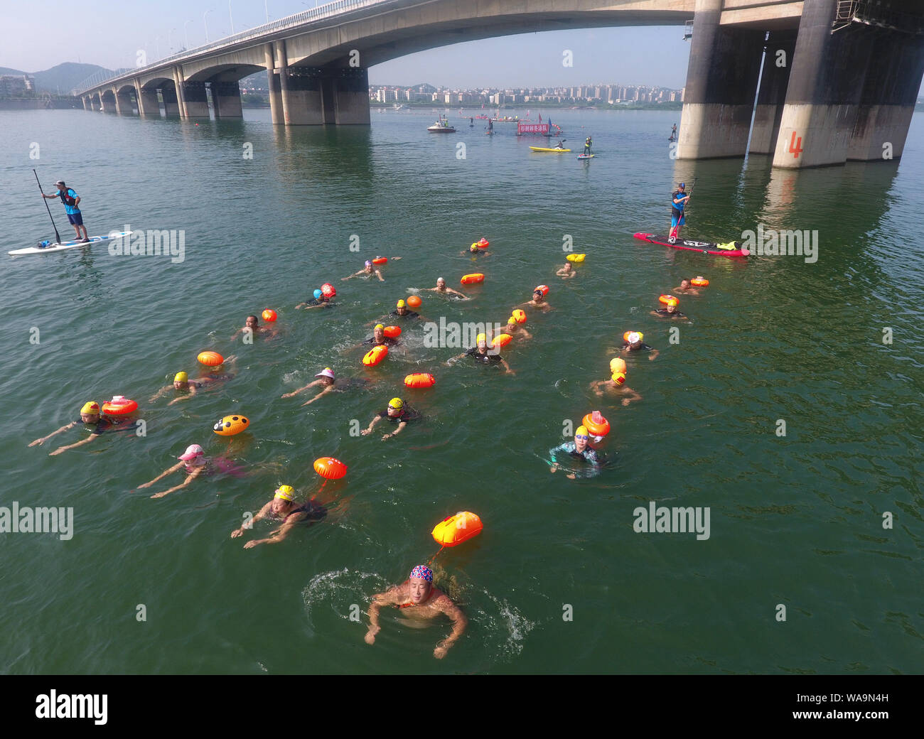 Les participants ont la concurrence dans un défi de natation pour nager dans la rivière Han, un affluent de la rivière Yangtze, dans la ville de Xiangyang, le centre de la Chine, Shanghai Banque D'Images