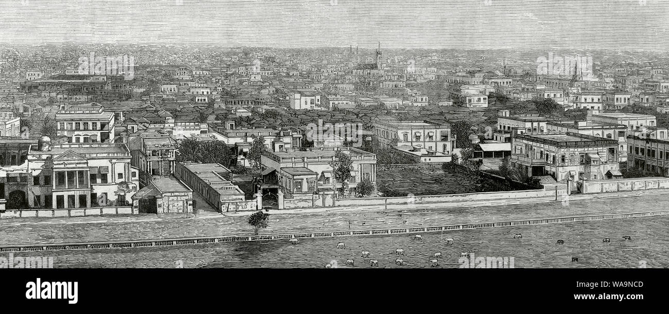 Calcutta, Inde. Vue panoramique de la ville. La gravure. La ilustracion Española y Americana, le 15 mars 1876. Banque D'Images