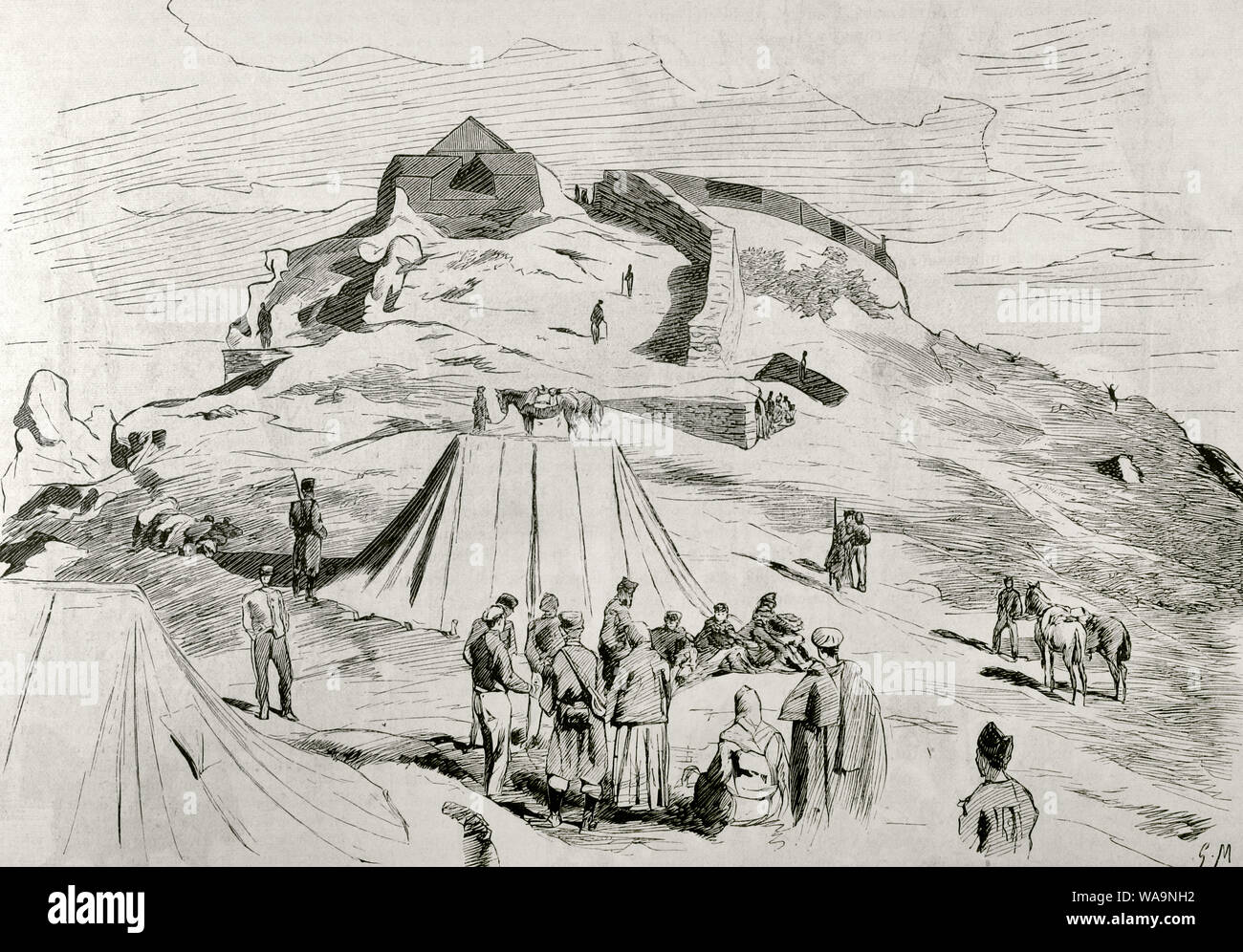 Troisième Guerre carliste (1872-1876). Dernière confrontation militaire directe entre le mouvement Carliste et le gouvernement de l'Espagne. Montejurra (Navarre). Forteresse de l'armée carliste. La gravure. La Ilustracion Española y Americana, le 15 mars 1876. Banque D'Images