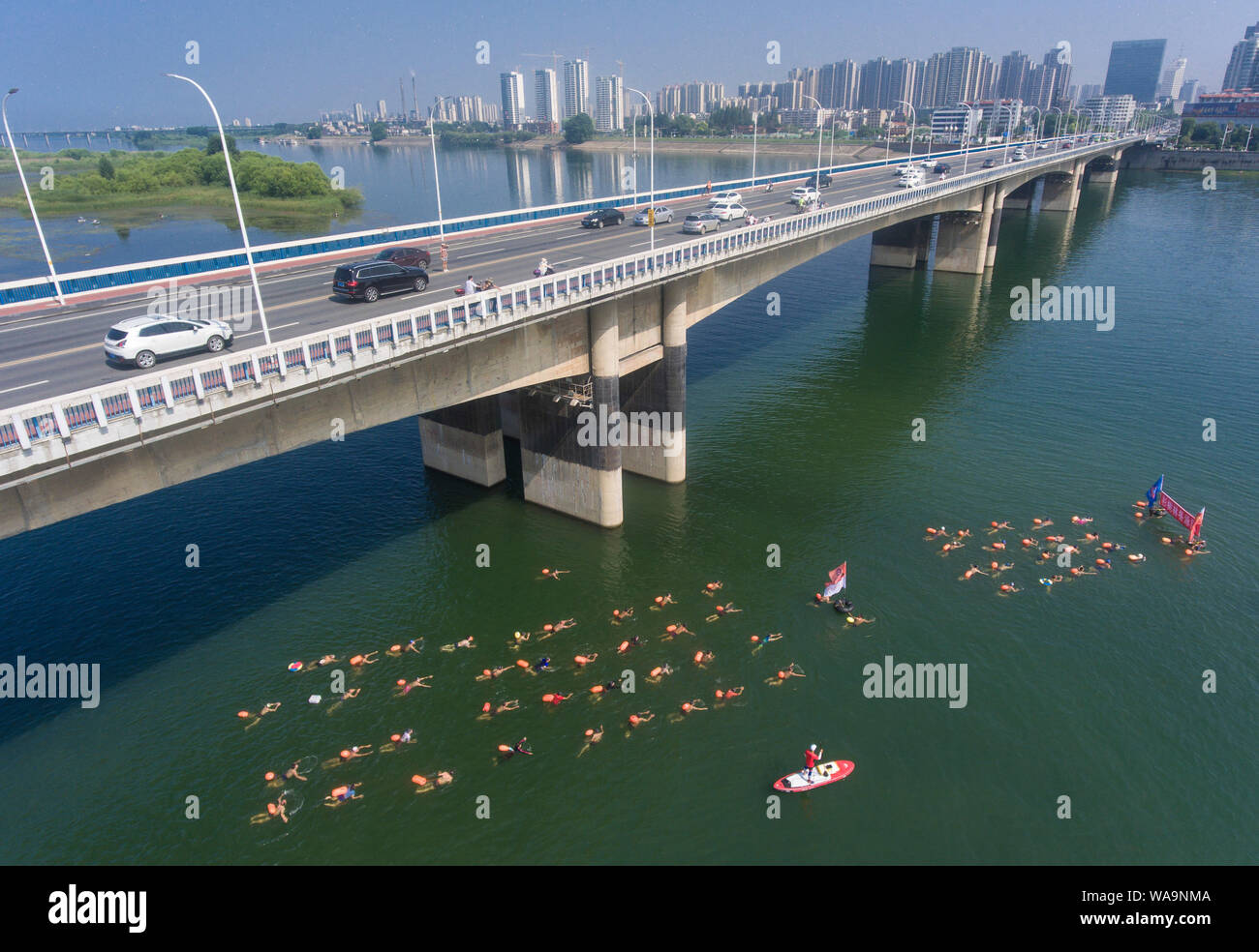 Les participants ont la concurrence dans un défi de natation pour nager dans la rivière Han, un affluent de la rivière Yangtze, dans la ville de Xiangyang, le centre de la Chine, Shanghai Banque D'Images