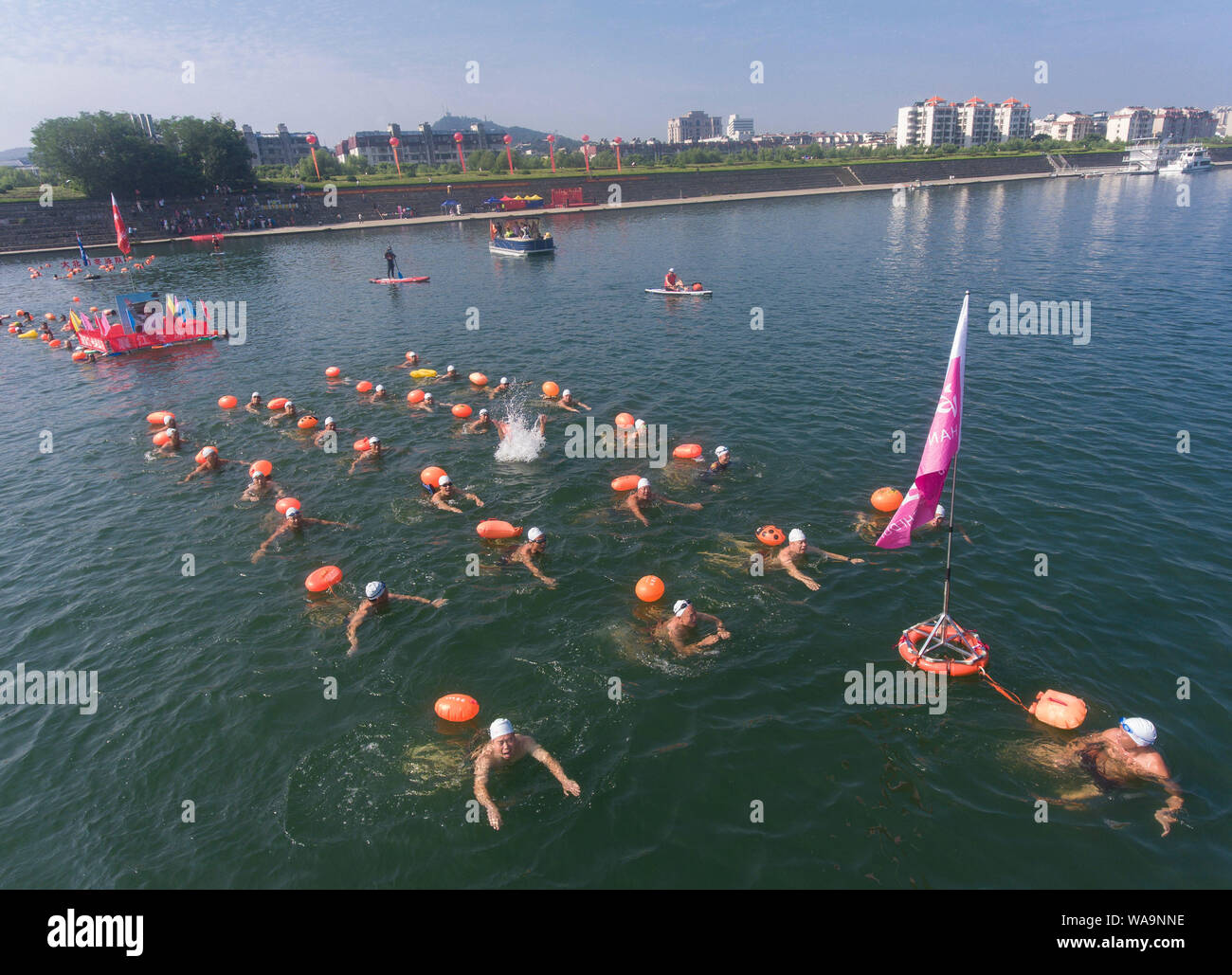 Les participants ont la concurrence dans un défi de natation pour nager dans la rivière Han, un affluent de la rivière Yangtze, dans la ville de Xiangyang, le centre de la Chine, Shanghai Banque D'Images