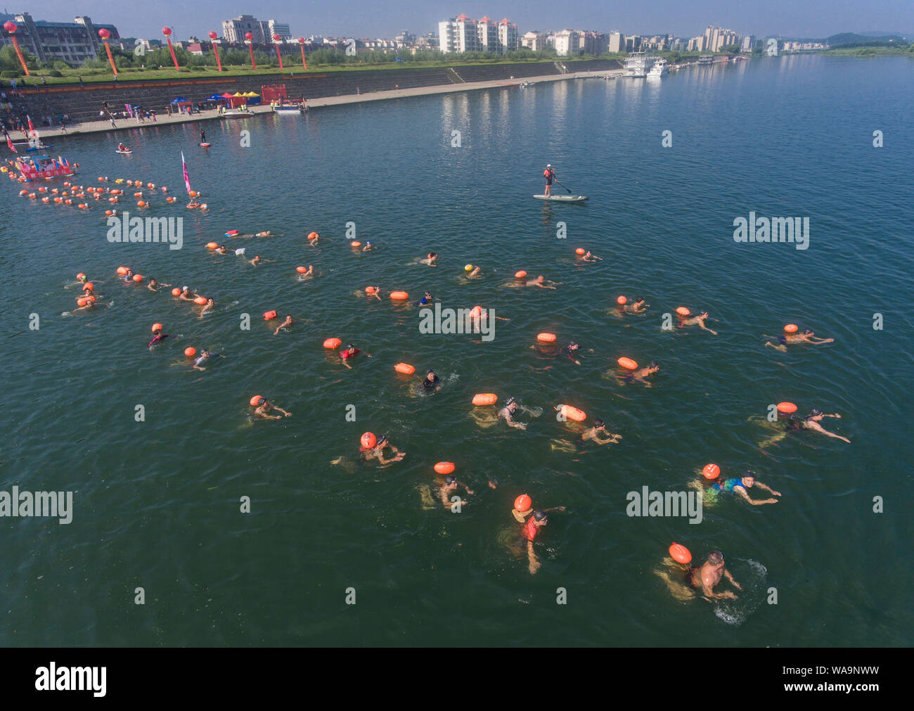 Les participants ont la concurrence dans un défi de natation pour nager dans la rivière Han, un affluent de la rivière Yangtze, dans la ville de Xiangyang, le centre de la Chine, Shanghai Banque D'Images